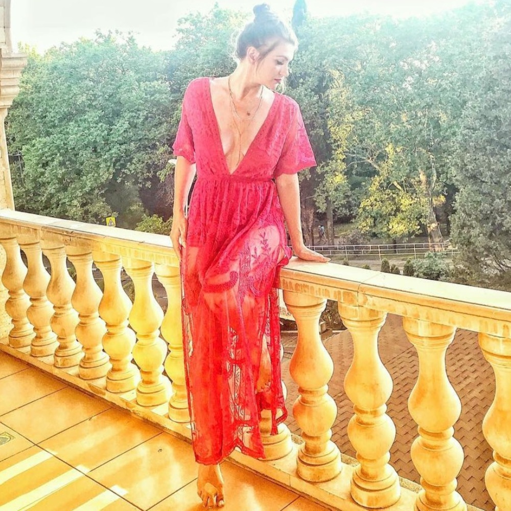 Semi sheer lace v neck maxi dress.